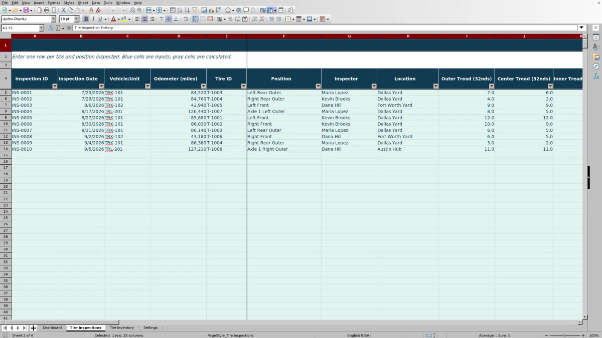 Preview 2: Tire Inspections sheet — tire position and tread depth tracker