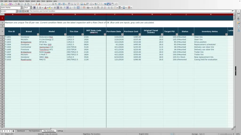 Tire Inventory preview for 2026 Tire Position and Tread Depth Tracker Excel Free Template