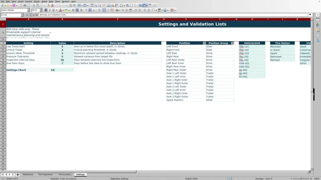 Settings preview for 2026 Tire Position and Tread Depth Tracker Excel Free Template