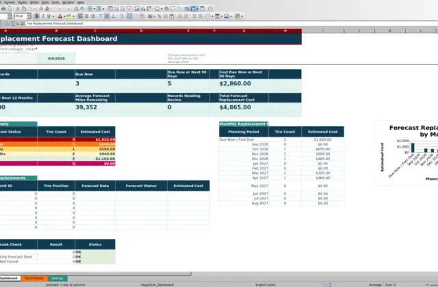 Preview 1: Dashboard sheet — tire replacement forecast spreadsheet