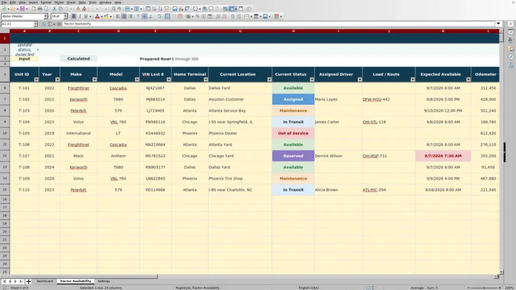 Tractor Availability preview for 2026 Tractor Availability Spreadsheet for Excel — Free Template