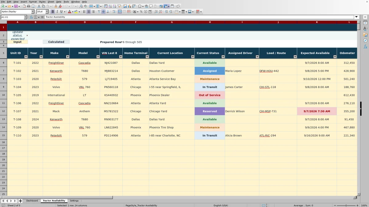Preview 2: Tractor Availability sheet — tractor availability spreadsheet