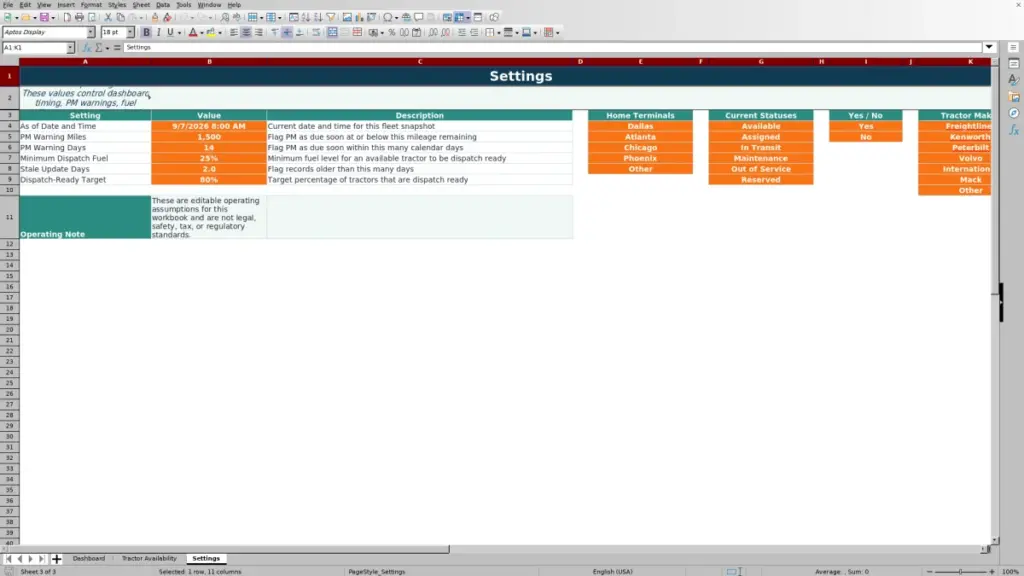 Settings preview for 2026 Tractor Availability Spreadsheet for Excel — Free Template
