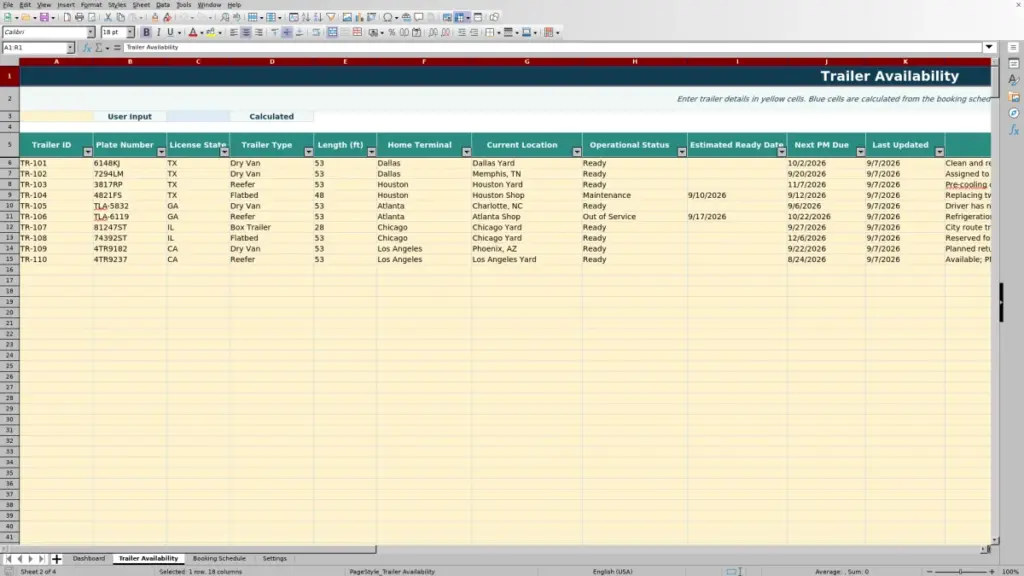 Trailer Availability preview for 2026 Trailer Availability Spreadsheet for Excel — Free Template