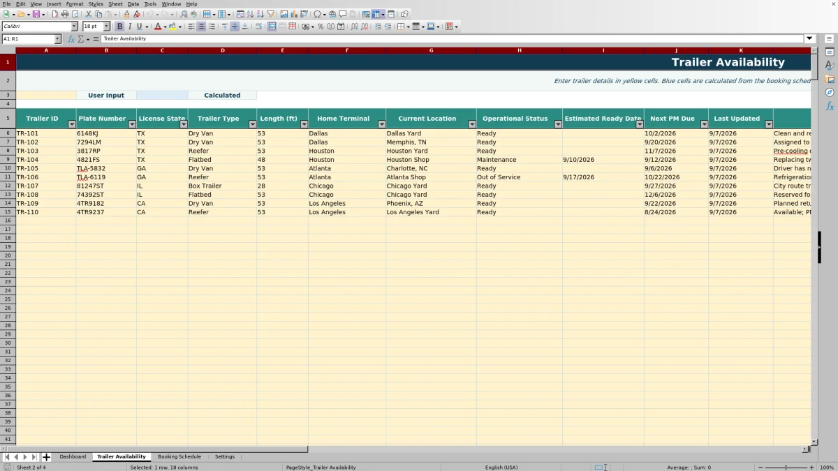 Preview 2: Trailer Availability sheet — trailer availability spreadsheet