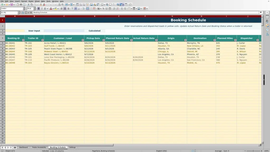 Booking Schedule preview for 2026 Trailer Availability Spreadsheet for Excel — Free Template