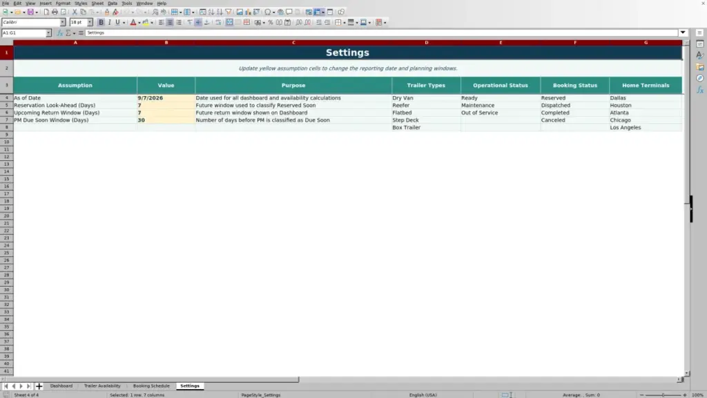 Settings preview for 2026 Trailer Availability Spreadsheet for Excel — Free Template