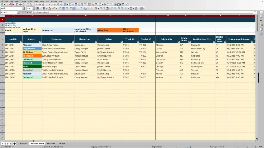 Dispatch Board preview for 2026 Truck Dispatch Spreadsheet Template for Excel — Free Template