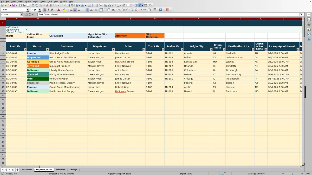 Preview 2: Dispatch Board sheet — truck dispatch spreadsheet template