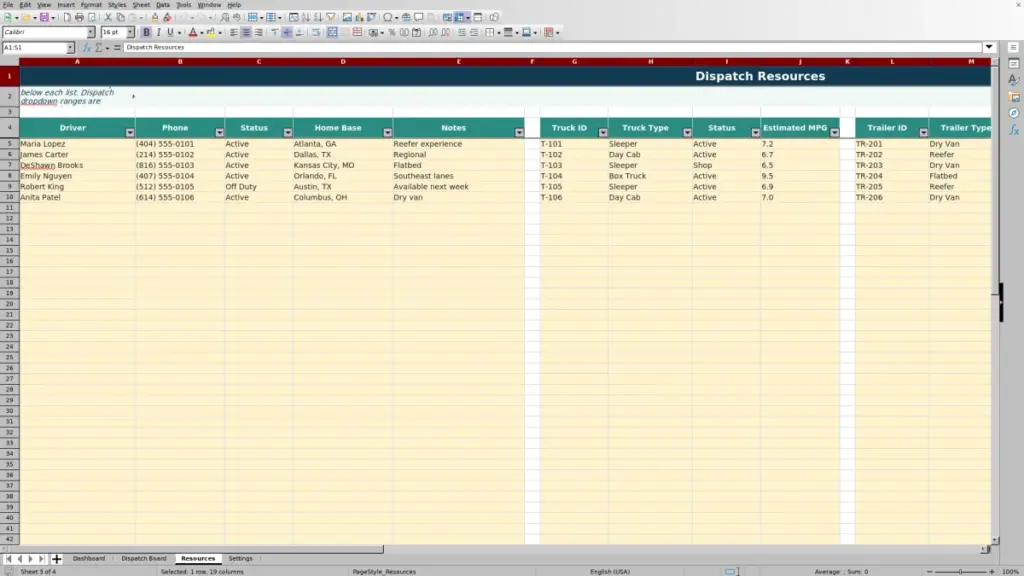 Resources preview for 2026 Truck Dispatch Spreadsheet Template for Excel — Free Template
