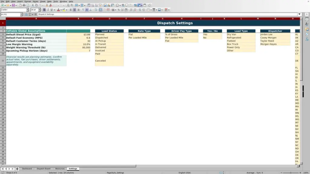 Settings preview for 2026 Truck Dispatch Spreadsheet Template for Excel — Free Template