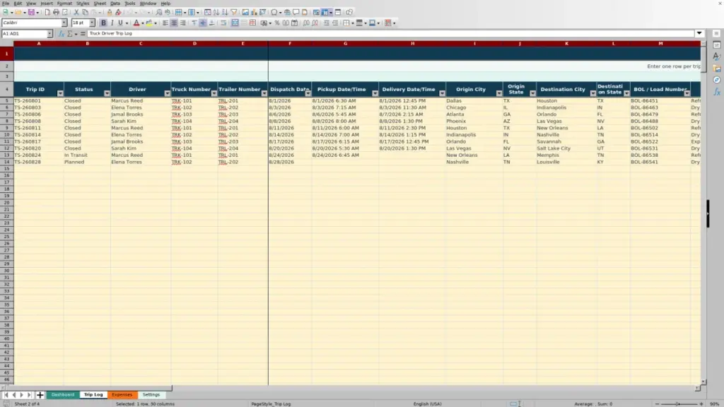Trip Log preview for 2026 Truck Driver Trip Sheet Template for Excel — Free Template