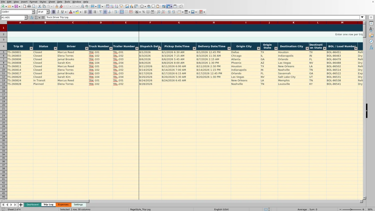 Preview 2: Trip Log sheet — truck driver trip sheet template Excel