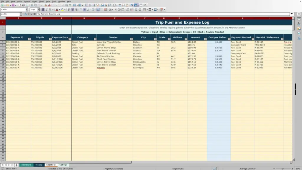 Expenses preview for 2026 Truck Driver Trip Sheet Template for Excel — Free Template