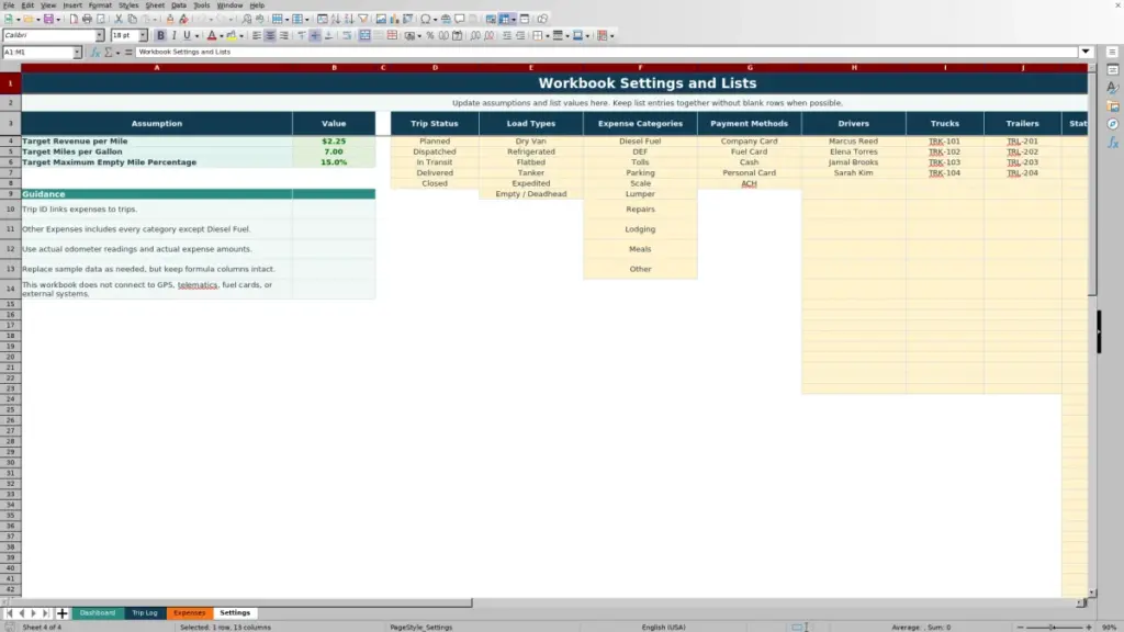 Settings preview for 2026 Truck Driver Trip Sheet Template for Excel — Free Template