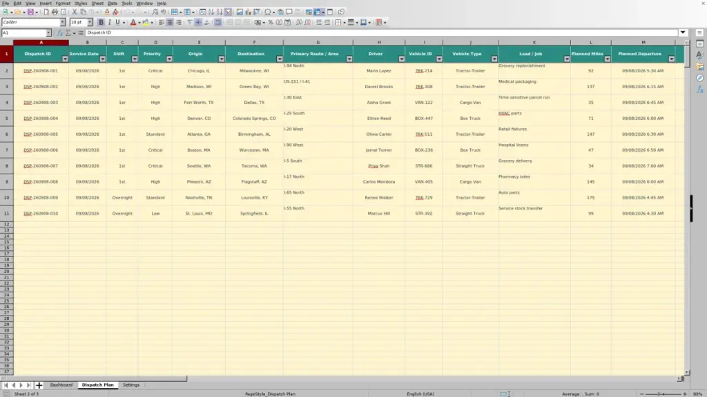 Dispatch Plan preview for Weather Disruption Dispatch Plan Spreadsheet: Free Excel Template for 2026