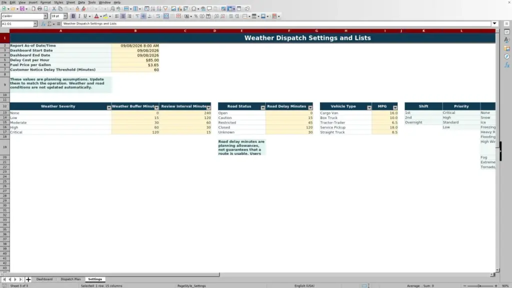 Settings preview for Weather Disruption Dispatch Plan Spreadsheet: Free Excel Template for 2026