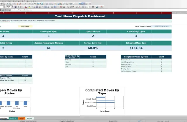 Preview 1: Dashboard sheet — yard move dispatch spreadsheet