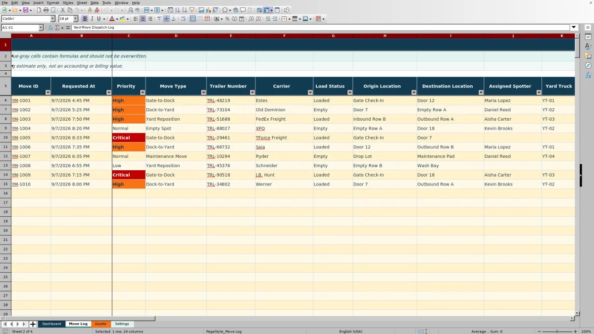 Preview 2: Move Log sheet — yard move dispatch spreadsheet